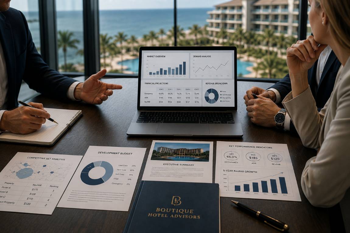 Hotel feasibility consultants analyzing market demand, financial projections, occupancy forecasts, and investment viability for a luxury resort project.