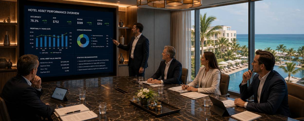 Hotel owners and advisors reviewing operational performance and long-term asset value strategy