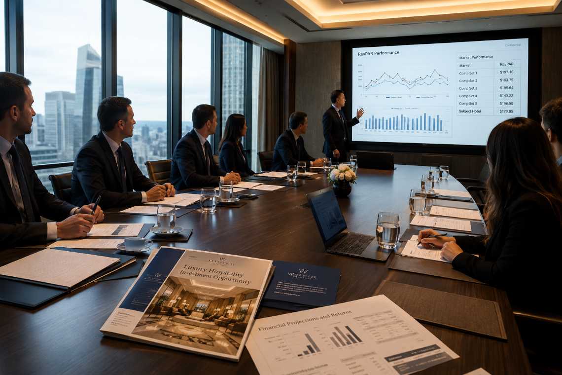 Hotel investors reviewing financial performance and acquisition due diligence analysis