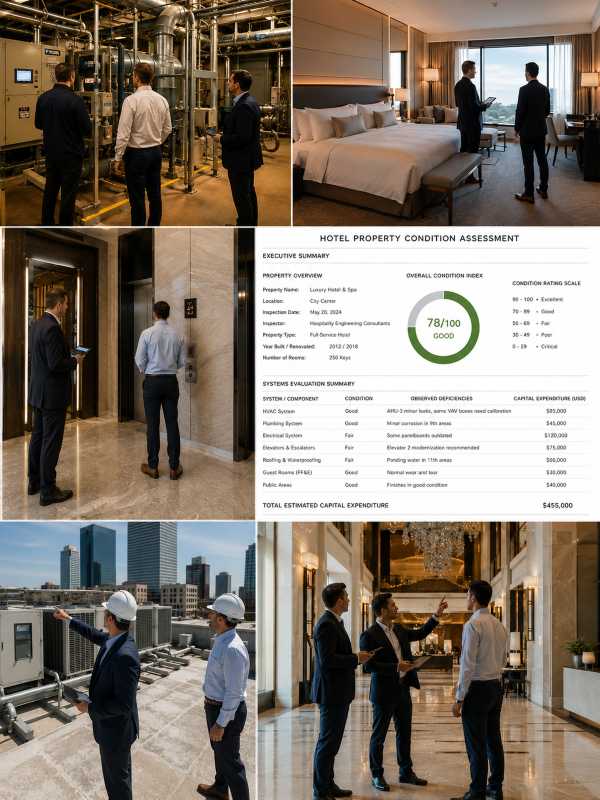Hotel property inspection evaluating deferred maintenance and future capital expenditures
