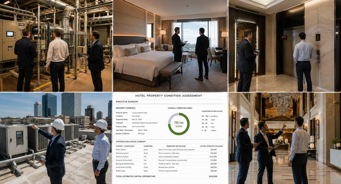 Hotel property inspection evaluating deferred maintenance and future capital expenditures