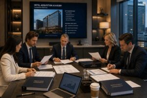 Hospitality consultants reviewing hotel franchise and management agreements during acquisition
