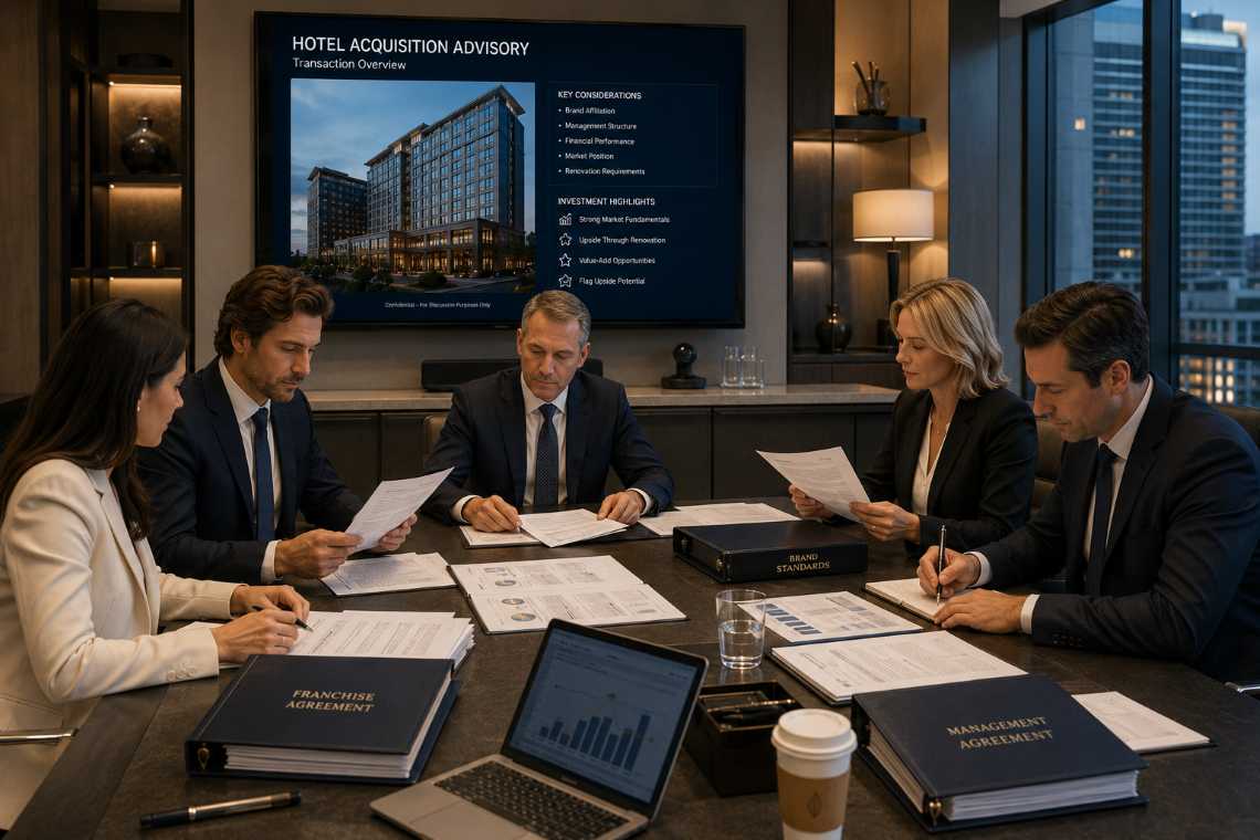 Hospitality consultants reviewing hotel franchise and management agreements during acquisition