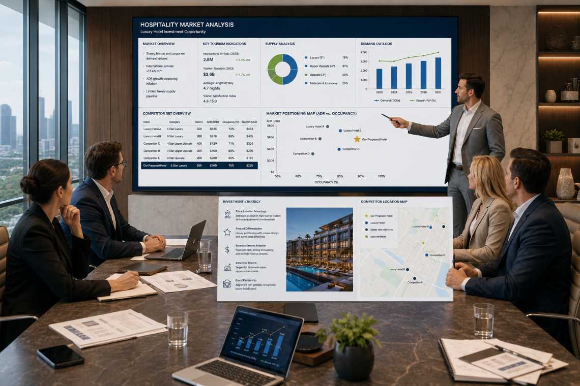 Hotel market analysis evaluating competitive positioning and future demand trends