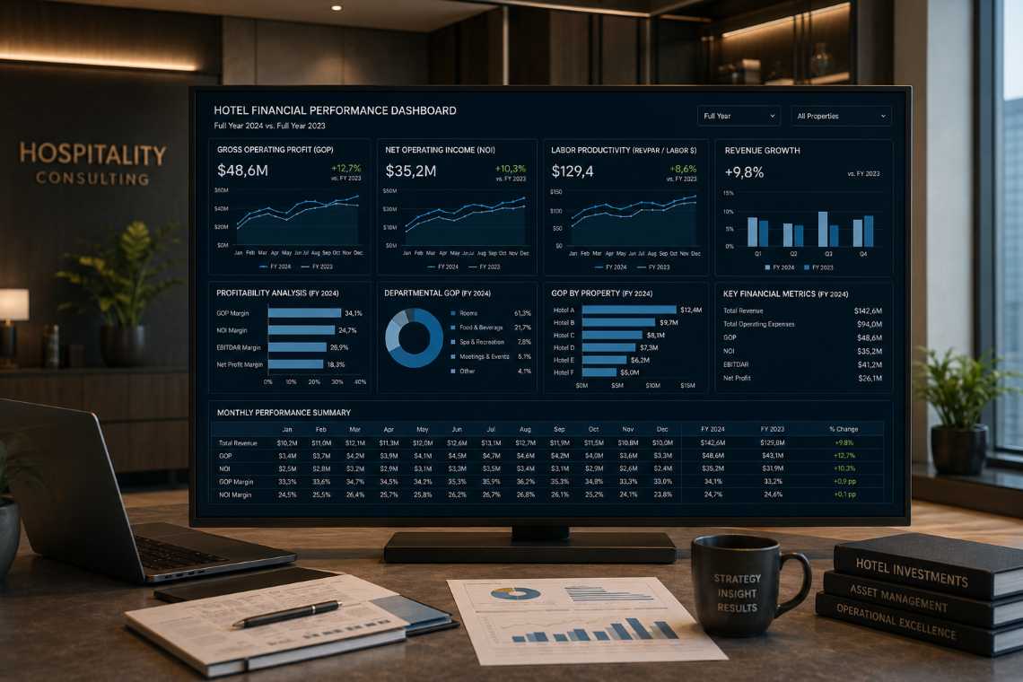 Hotel financial performance dashboard displaying GOP, NOI, labor productivity, revenue growth and profitability analysis, hospitality consulting office, ultra realistic